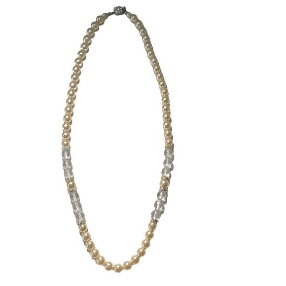 Necklace 12” Classic Pearl Rhinestone Beads Long Evening Wedding Unique Clasp - Picture 2 of 8